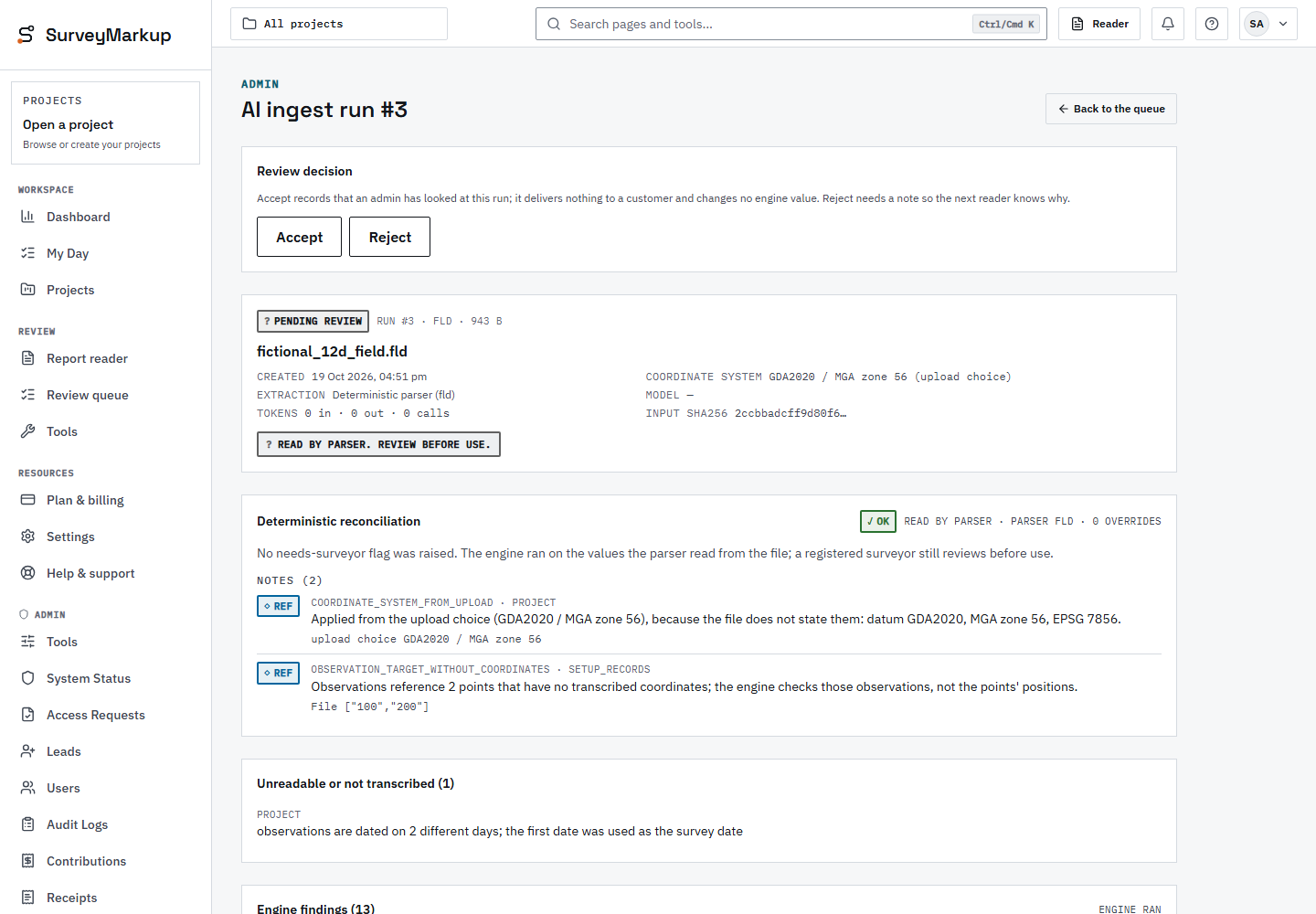 SurveyMarkup admin review of a synthetic field file read by the parser: pending review, the coordinate system taken from the upload choice, and the reconciliation a surveyor reads before use