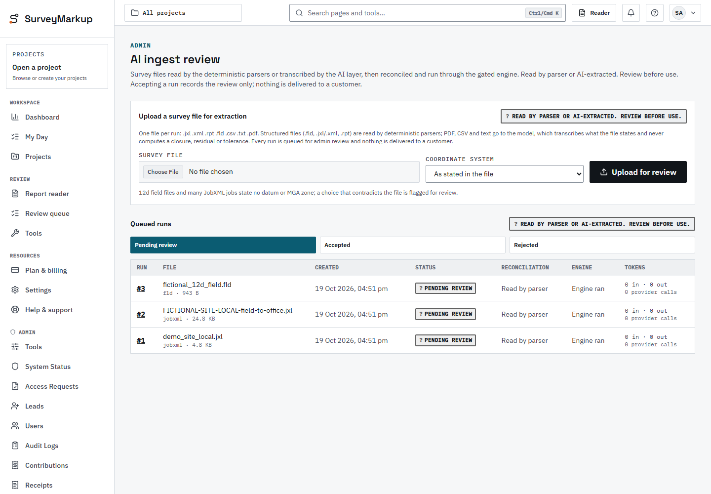SurveyMarkup admin review queue: three synthetic runs read by the parser, each pending review